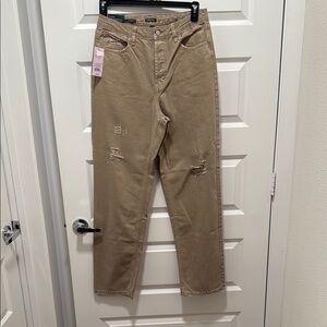 Tan high rise straight Distressed Jeans